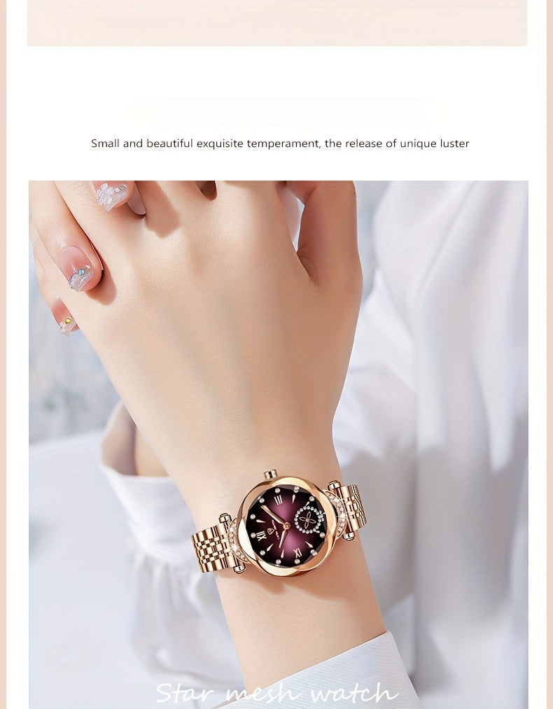 Elegant Women's Quartz Watch with Rhinestone Accents - Rose Golden Case & Stainless Steel Band, Roman Numerals, Independent Second Hand - Ideal for Business or Formal Wear - Perfect Mother's Day, Christmas, or Back-to-School